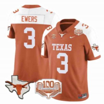 Men's Texas Longhorns #3 Quinn Ewers Orange/White F.U.S.E 100 years of Darrell K Royal Map & SEC Patch Stitched Jersey