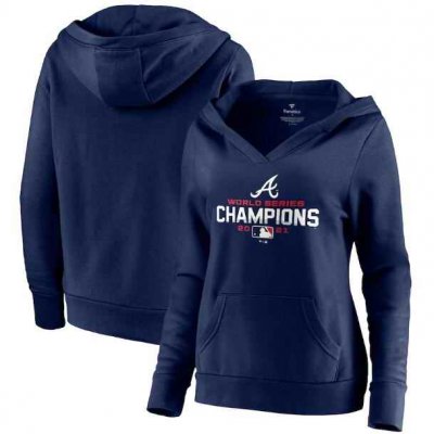 Women's Atlanta Braves 2021 Navy World Series Champions Crossover Neck Pullover Hoodie(Run Small)