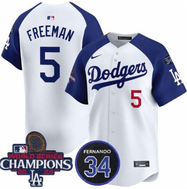 Men's Los Angeles Dodgers #5 Freddie Freeman White/Royal 2024 World Series Champions With Fernando Memorial Patch Limited Stitched Baseball Jersey