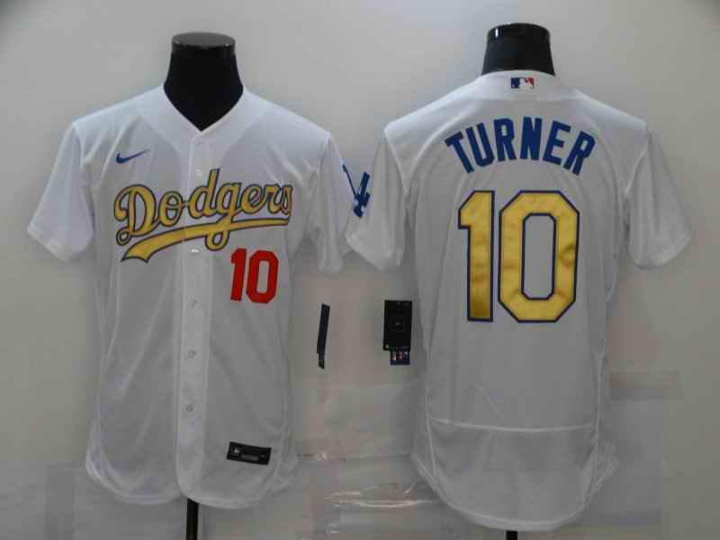 Men's Los Angeles Dodgers #10 Justin Turner 2021 White Gold Sttiched Jersey