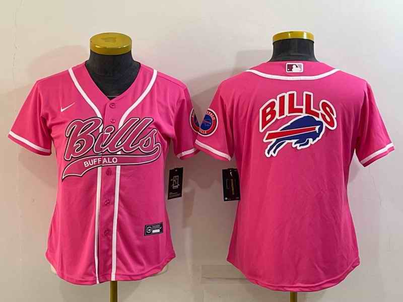 Women's Buffalo Bills Pink Team Big Logo With Patch Cool Base Stitched Baseball Jersey(Run Small)