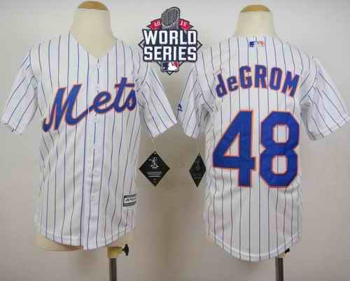 Mets #48 Jacob DeGrom White(Blue Strip) Home Cool Base W/2015 World Series Patch Stitched Youth MLB Jersey