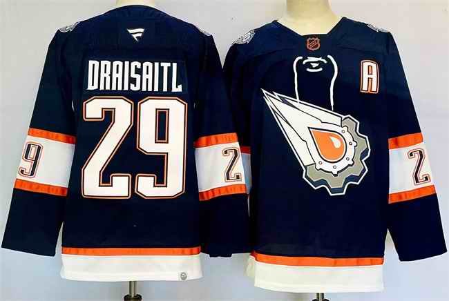 Men's Edmonton Oilers #29 Leon Draisaitl Navy 2024-25 With A Patch Reverse Retro Stitched Jersey