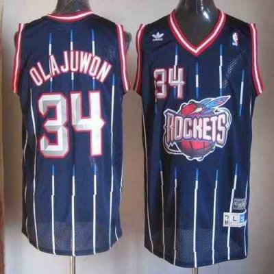 Rockets #34 Hakeem Olajuwon Navy Throwback Stitched NBA Jersey