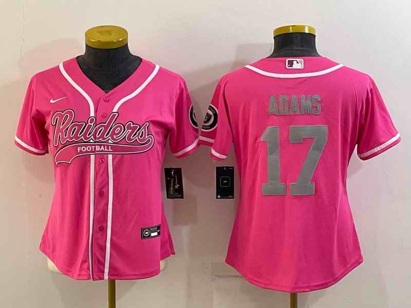 Women's Las Vegas Raiders #17 Davante Adams Pink Silver With Patch Cool Base Stitched Baseball Jersey(Run Small)