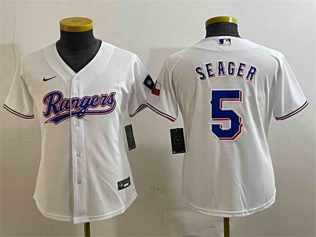 Youth Texas Rangers #5 Corey Seager White With Patch Stitched Baseball Jersey