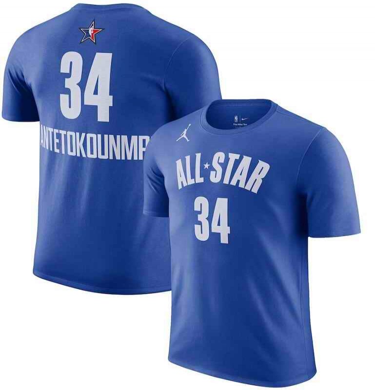 Men's #34 Giannis Antetokounmpo Blue 2023 NBA All-Star Game Name & Number T-Shirt