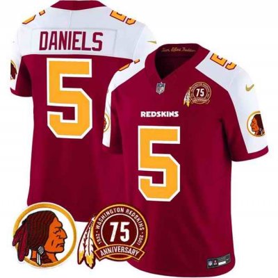 Men's Washington Redskins #5 Jayden Daniels Burgundy/White 2024 F.U.S.E. 75th Patch Throwback Vapor Limited Stitched Football Jersey