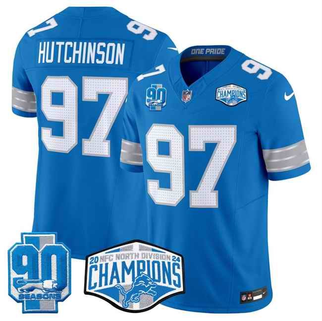 Men's Detroit Lions #97 Aidan Hutchinson Blue 2024 NFC North Champions 90th Anniversary Patch F.U.S.E. Vapor Limited Stitched Jersey