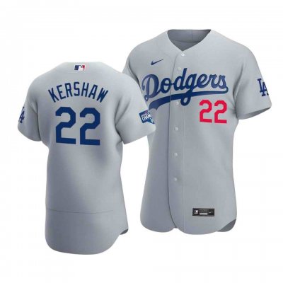 Men's Los Angeles Dodgers #22 Clayton Kershaw 2020 Grey World Series Champions Patch Flex Base Sttiched Jersey