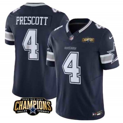 Men's Dallas Cowboys #4 Dak Prescott Navy 2023 F.U.S.E. NFC East Champions Patch Stitched Football Jersey