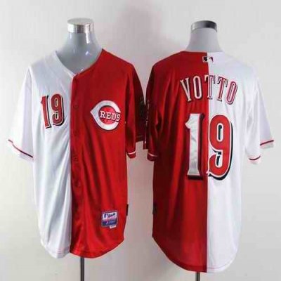 Reds #19 Joey Votto Red/White Split Fashion Stitched MLB Jersey