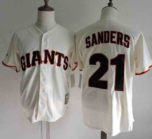 Mitchell And Ness Giants #21 Deion Sanders Cream Throwback Stitched MLB Jersey