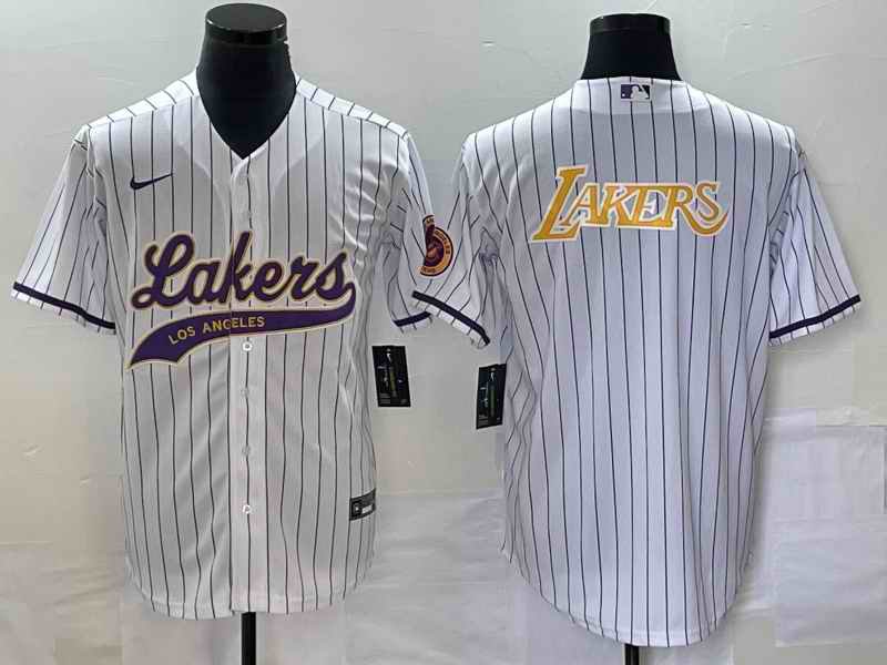 Men's Los Angeles Lakers White Team Big Logo Cool Base With Patch Stitched Baseball Jersey