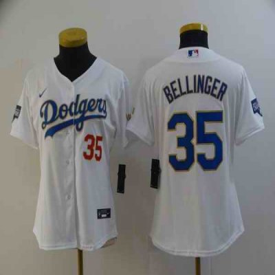 Women's Los Angeles Dodgers #35 Cody Bellinger White Gold Championship Cool Base Stitched Jersey(Run Small)