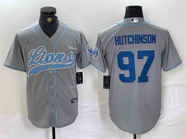 Men's Detroit Lions #97 Aidan Hutchinson Grey Cool Base Stitched Baseball Jersey