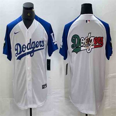 Men's Los Angeles Dodgers Team Big Logo White/Blue Vin Patch Cool Base Stitched Baseball Jersey