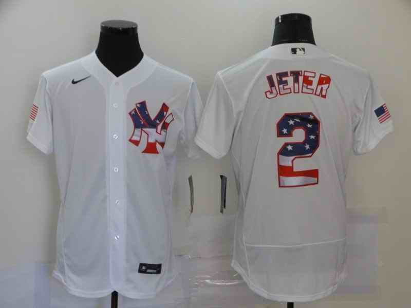 Men's New York Yankees #2 Derek Jeter White 2020 Stars & Stripes Flex Base Stitched Jersey