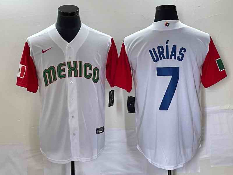 Men's Mexico Baseball #7 Julio Ur'as 2023 White Red World Baseball With Patch Classic Stitched Jersey