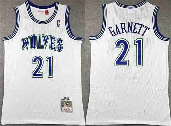 Men's Minnesota Timberwolves #21 Kevin Garnett White Throwback Stitched Jersey