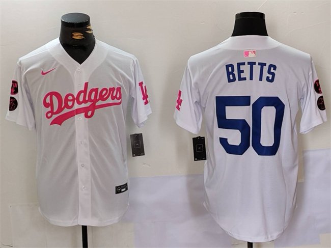 Men's Los Angeles Dodgers #50 Mookie Betts White/Pink Vin & Kobe Patch Stitched Baseball Jersey