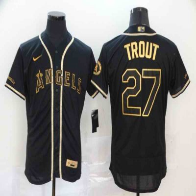 Men's Los Angeles Angels #27 Mike Trout Black Golden Flex Base Stitched MLB Jersey