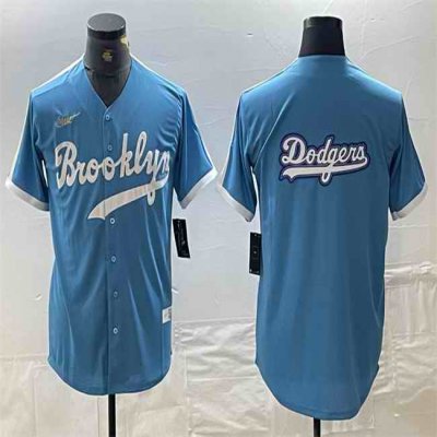 Men's Los Angeles Dodgers Team Big Logo Light Blue Throwback Cool Base Stitched Baseball Jersey