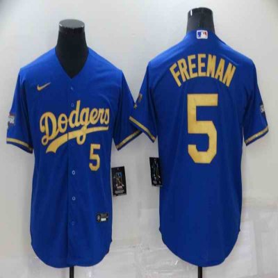 Men's Los Angeles Dodgers #5 Freddie Freeman Royal Gold Cool Base Stitched Baseball Jersey