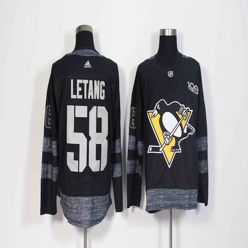 Men's Adidas Pittsburgh Penguins #58 Kris Letang Black 1917-2017 100th Anniversary Stitched NHL Jersey