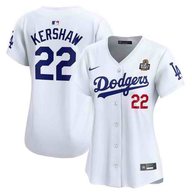 Women's Los Angeles Dodgers #22 Clayton Kershaw White 2024 World Series Home Limited Stitched Baseball Jersey(Run Small)