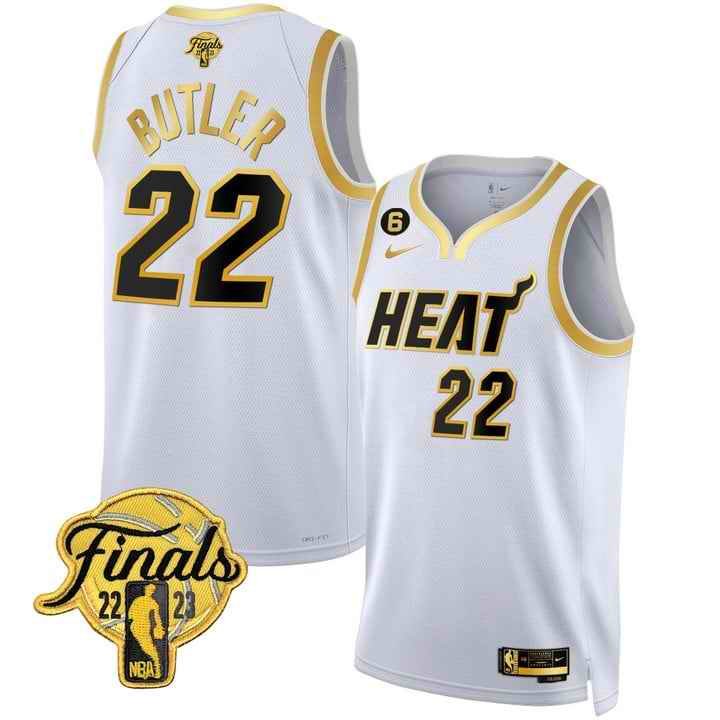 Men's Miami Heat #22 Jimmy Butler White Gold Edition 2023 Finals Collection With NO.6 Patch Stitched Basketball Jersey