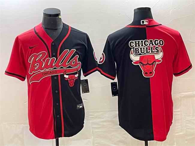 Men's Chicago Bulls Red/Black Split Team Big Logo Cool Base Stitched Baseball Jersey