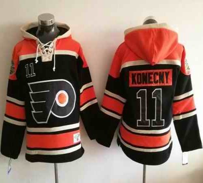 Flyers #11 Travis Konecny Black Sawyer Hooded Sweatshirt Stitched NHL Jersey