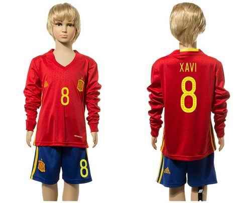 Spain #8 Xavi Red Home Long Sleeves Kid Soccer Country Jersey