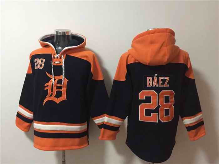 Men's Detroit Tigers #28 Javier B'ez Black/Orange Lace-Up Pullover Hoodie