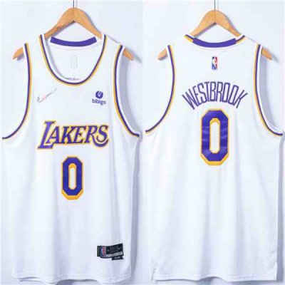 Men's Los Angeles Lakers #0 Russell Westbrook 75th Anniversary bibigo White Stitched Basketball Jersey