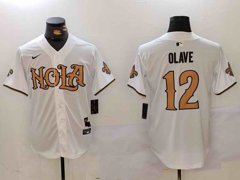 Men's New Orleans Saints #12 Chris Olave White Cool Base Stitched Baseball Jersey