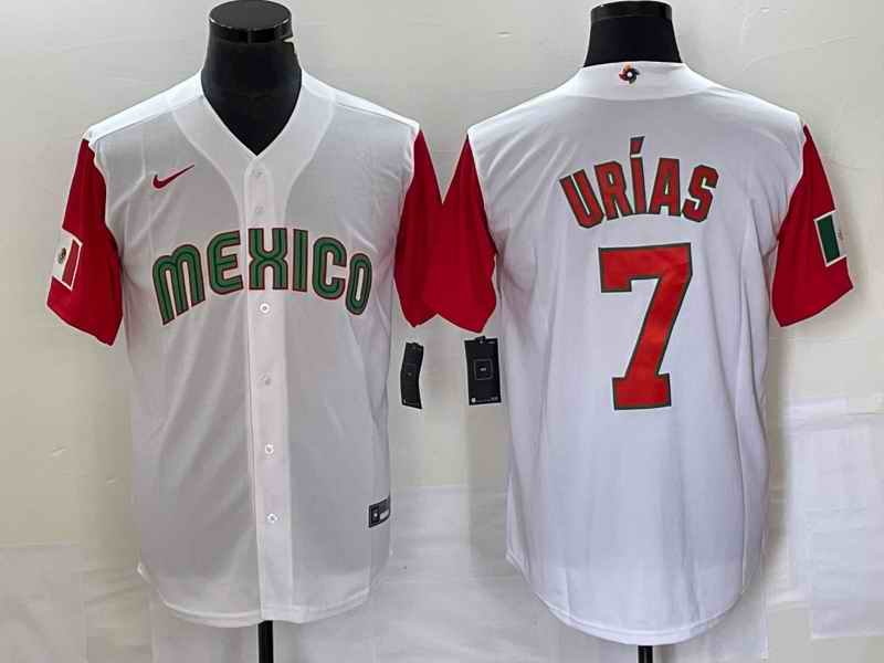 Men's Mexico Baseball #7 Julio Ur'as 2023 White Red World Baseball With Patch Classic Stitched Jersey