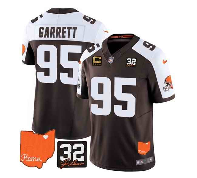 Men's Cleveland Browns #95 Myles Garrett Brown/White 2023 F.U.S.E. With Jim Brown Memorial Patch And 4-Star C Patch Vapor Untouchable Limited Stitched Jersey