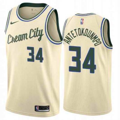 Men's Milwaukee Bucks #34 Giannis Antetokounmpo Cream 2019 City Edition Swingman Stitched NBA Jersey