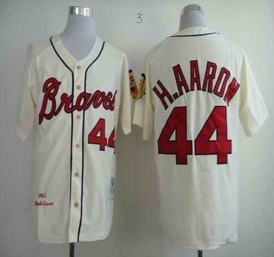 Mitchell And Ness 1963 Braves #44 Hank Aaron Cream Throwback Stitched MLB Jersey