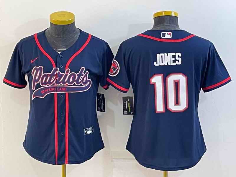 Women's New England Patriots #10 Mac Jones Navy With Patch Cool Base Stitched Baseball Jersey(Run Small)