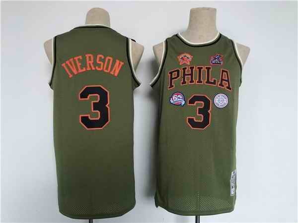 Men's Philadelphia 76ers #3 Allen Iverson Olive Throwback basketball Jersey