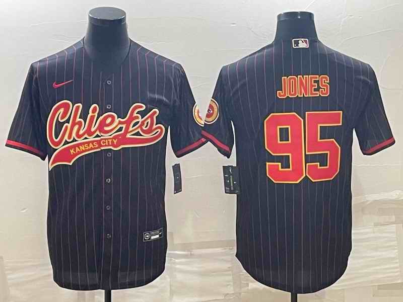 Men's Kansas City Chiefs #95 Chris Jones Black With Patch Cool Base Stitched Baseball Jersey