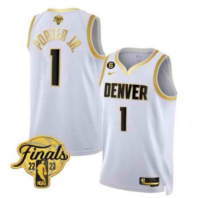 Men's Denver Nuggets #1 Michael Porter Jr.  White Gold Edition 2023 Finals Collection With NO.6 Patch Stitched Basketball Jersey