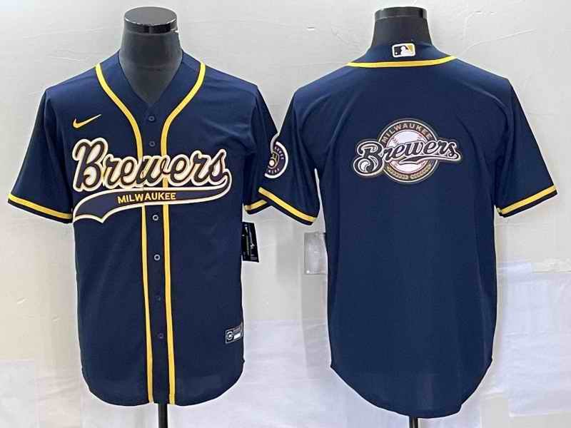 Men's Milwaukee Brewers Navy Team Big Logo Cool Base Stitched Jersey