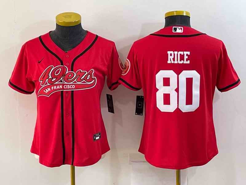 Women's San Francisco 49ers #80 Jerry Rice Red With Patch Cool Base Stitched Baseball Jersey(Run Small)