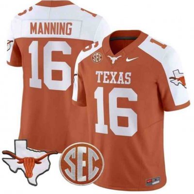 Youth Texas Longhorns #16 Peyton Manning Orange/White Map & SEC Patch F.U.S.E. Stitched Jersey