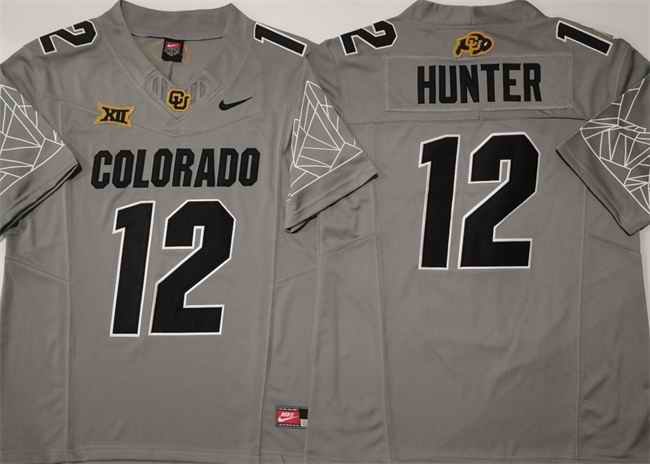 Men's Colorado Buffaloes #12 Travis Hunter Grey 2024 With Big 12 XII Patch 2024 F.U.S.E Stitched Football Jersey