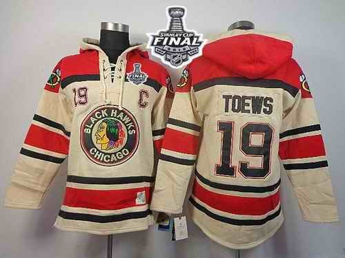 Blackhawks #19 Jonathan Toews Cream Sawyer Hooded Sweatshirt 2015 Stanley Cup Stitched NHL Jersey